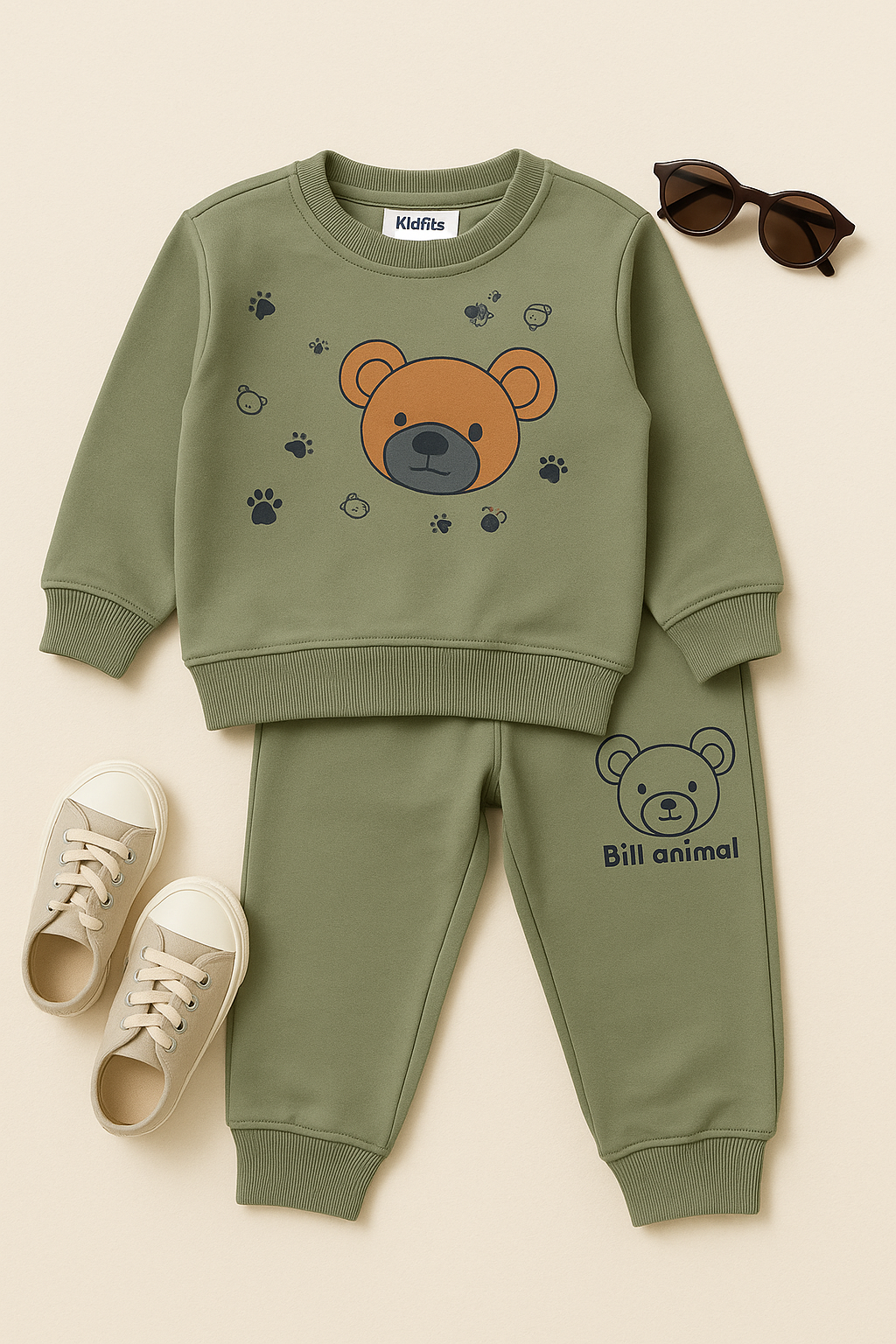 Kidfits “Lil Animal Bear” Premium Winter Fleece Tracksuit – Olive Green