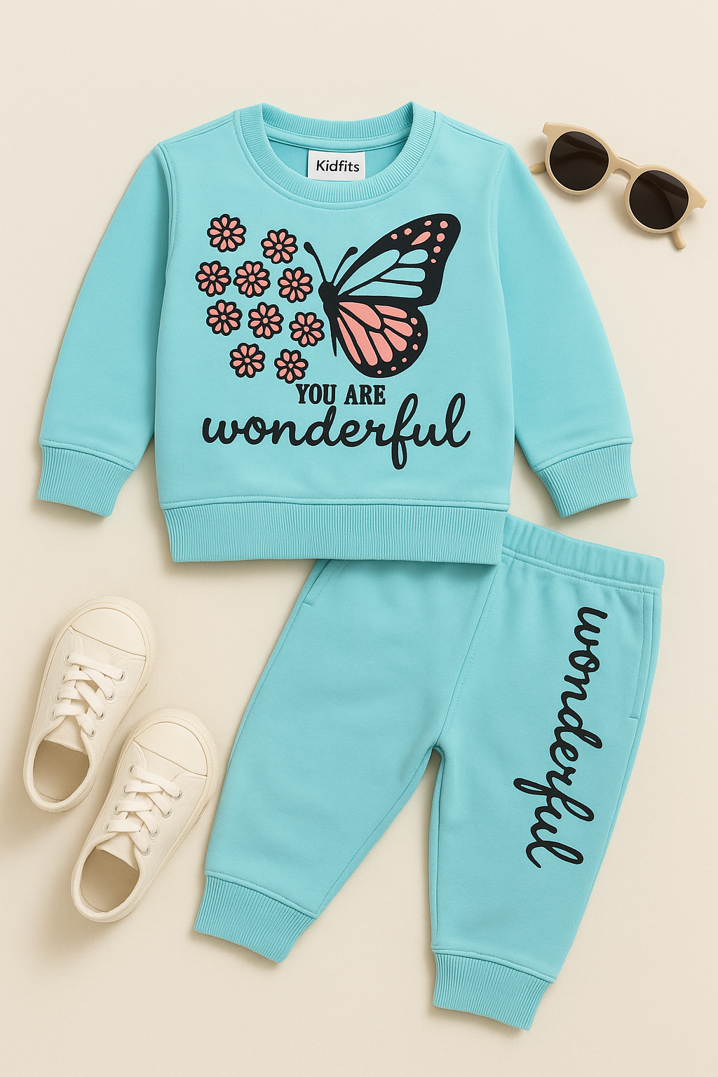 Kidfits “You Are Wonderful” Butterfly Winter Fleece Tracksuit – Sky Blue