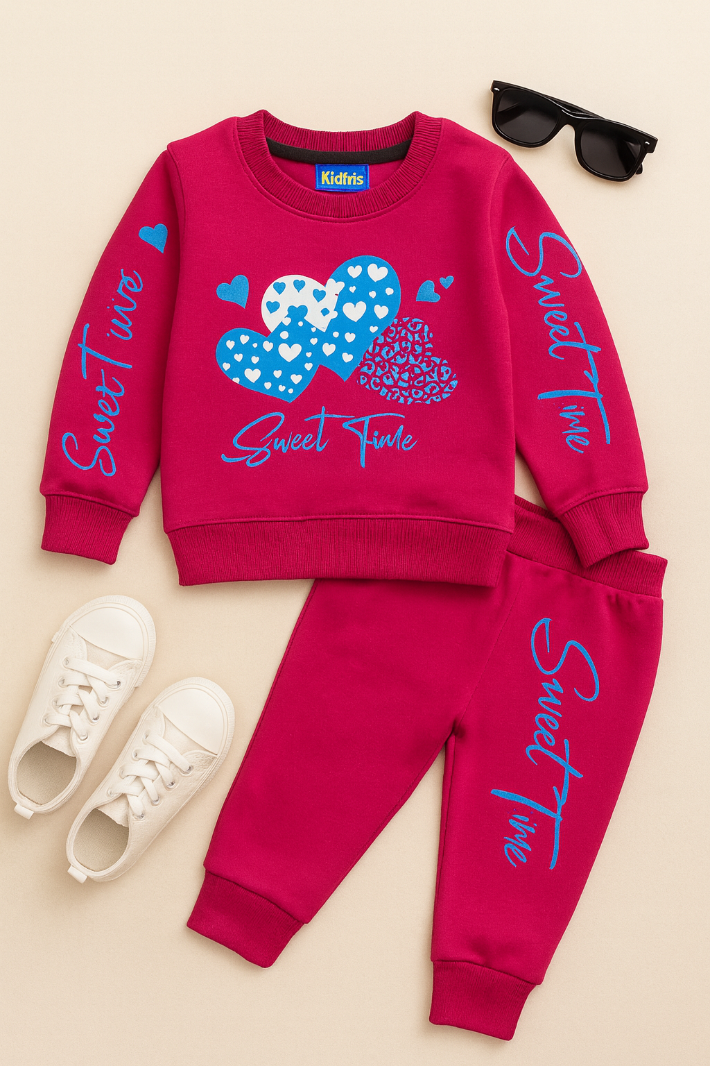 “Sweet Time” Winter Fleece Tracksuit – Hot Pink &amp; Blue Hearts