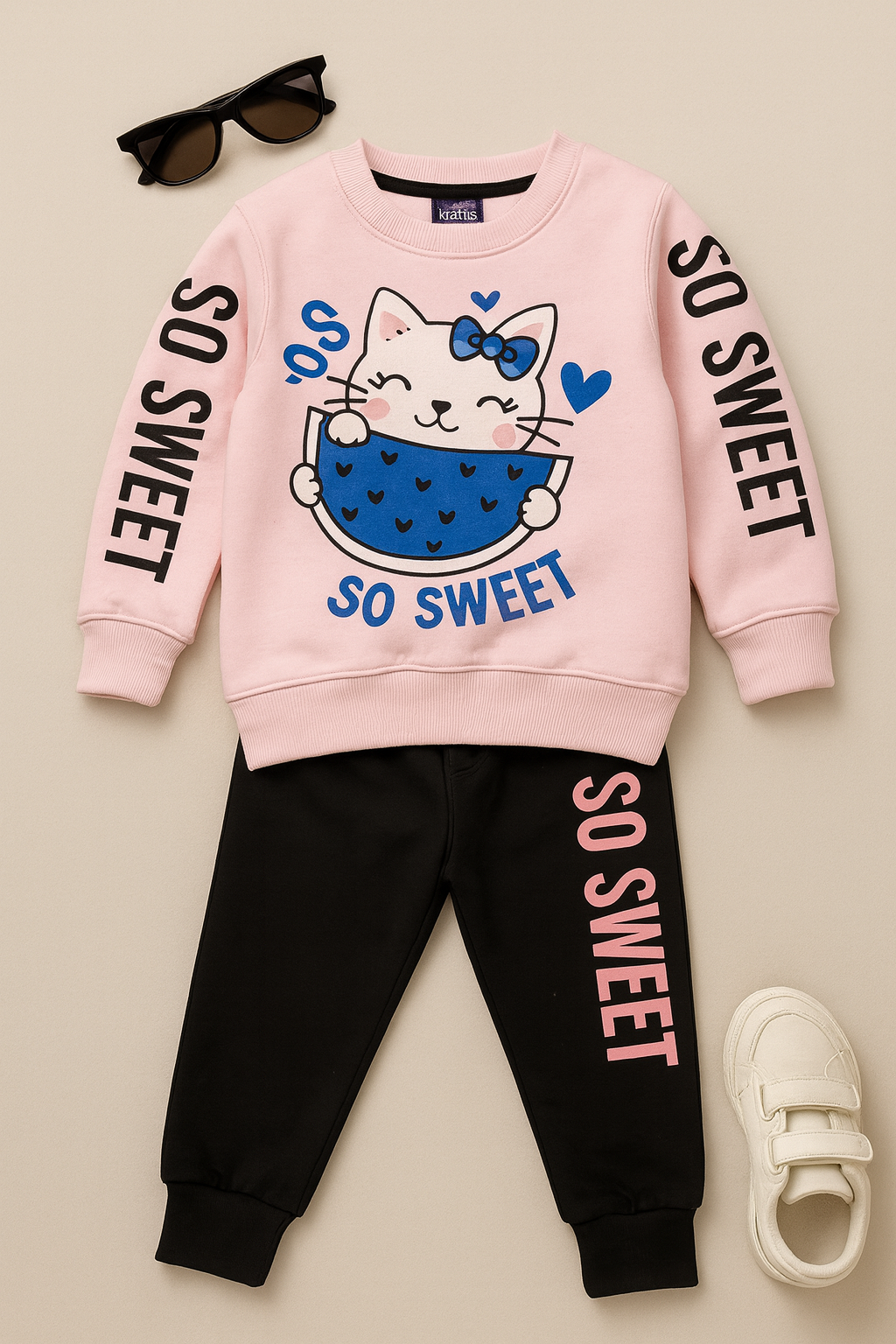 “SO SWEET Kitty Pink & Black Fleece Tracksuit