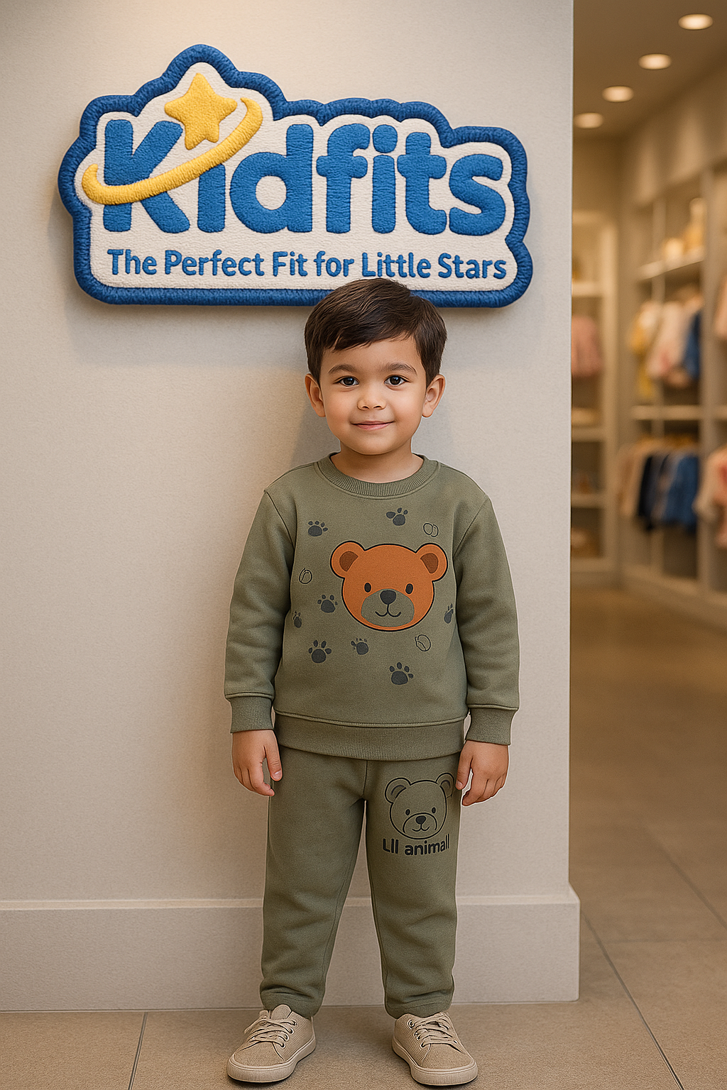 Kidfits “Lil Animal Bear” Premium Winter Fleece Tracksuit – Olive Green