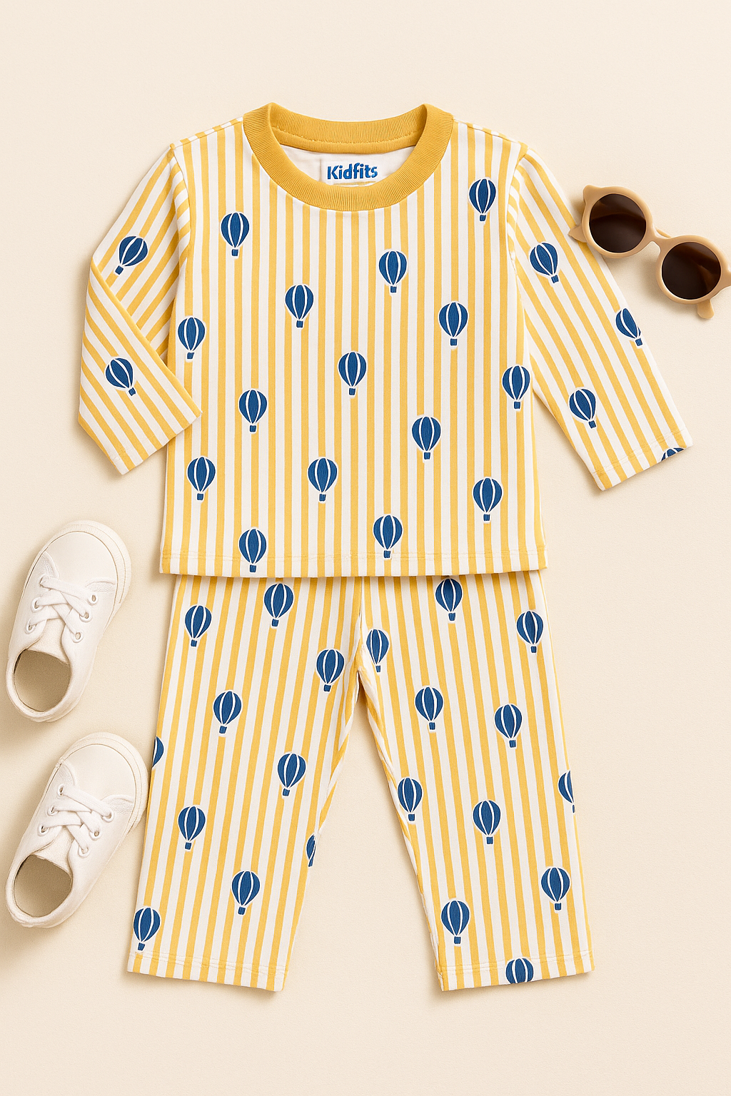 Kidfits “Hot Air Balloon” Cotton Night Suit – Sunny Yellow