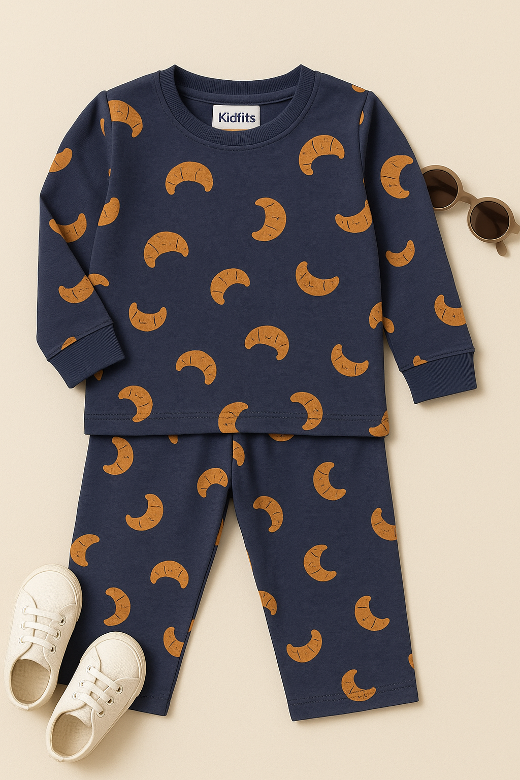 Kidfits “Croissant Dreams” Cotton Night Suit – Navy Blue