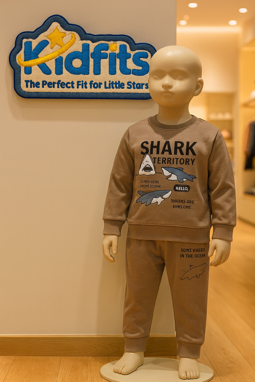 Kidfits “Shark Territory” Fleece Tracksuit – Sand Beige