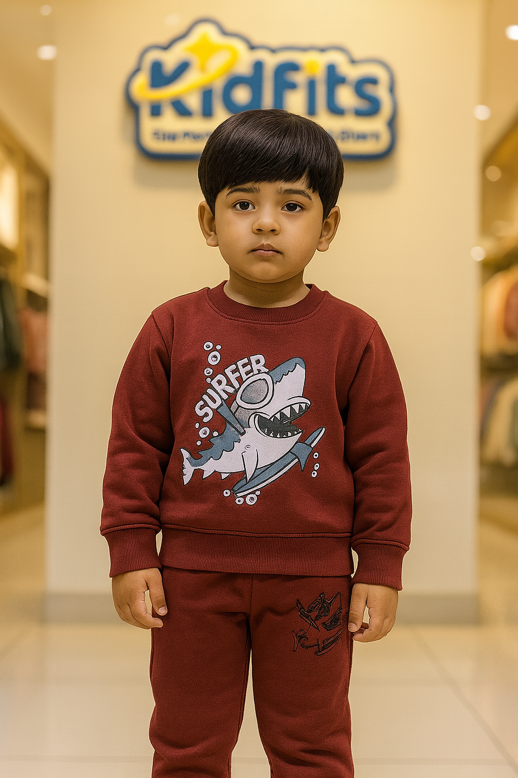 Kidfits “Surfer Shark” Fleece Tracksuit – Maroon Red