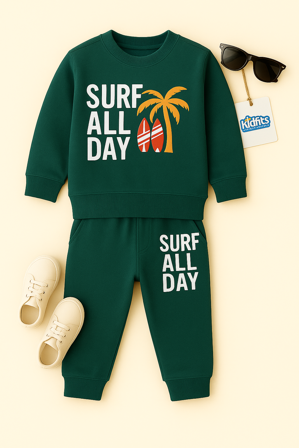 Kidfits “Surf All Day” Fleece Tracksuit – Deep Green