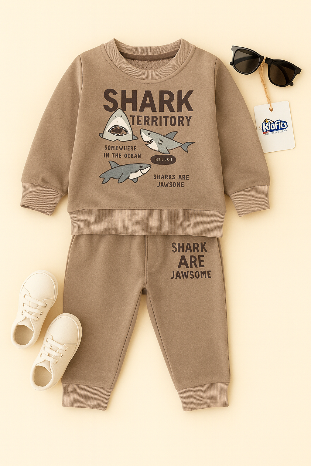 Kidfits “Shark Territory” Fleece Tracksuit – Sand Beige