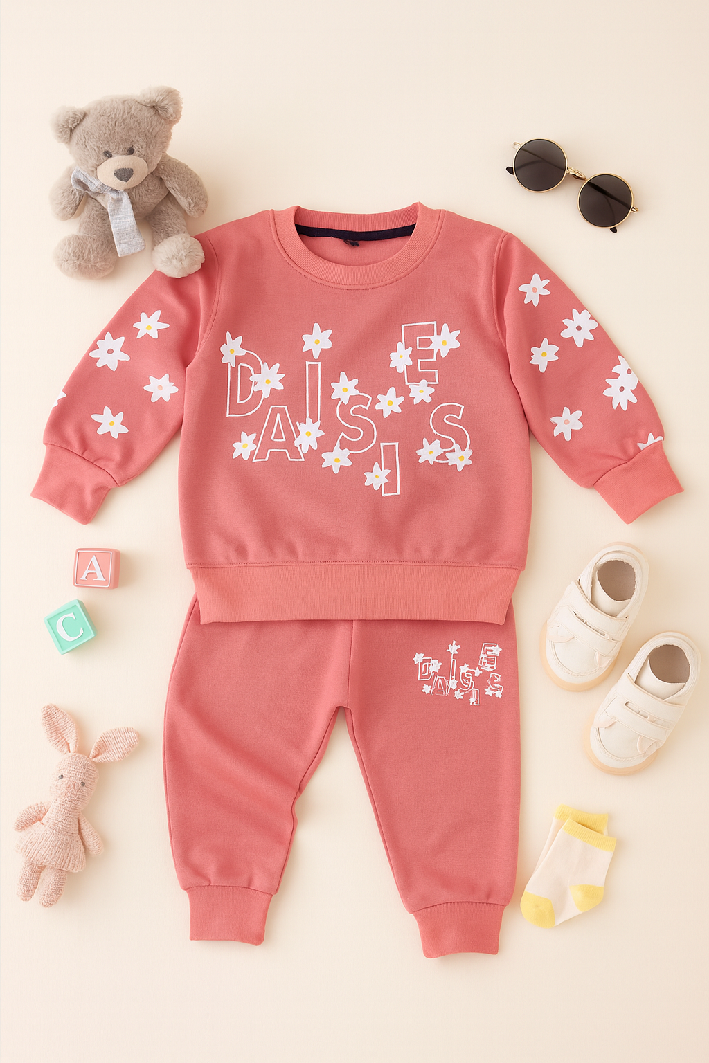 Kidfits “Daisy Bloom” Fleece Tracksuit – Coral Pink