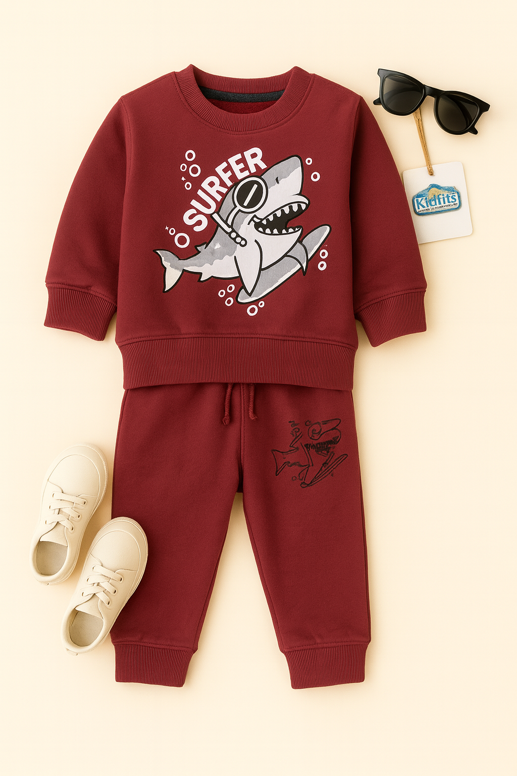 Kidfits “Surfer Shark” Fleece Tracksuit – Maroon Red