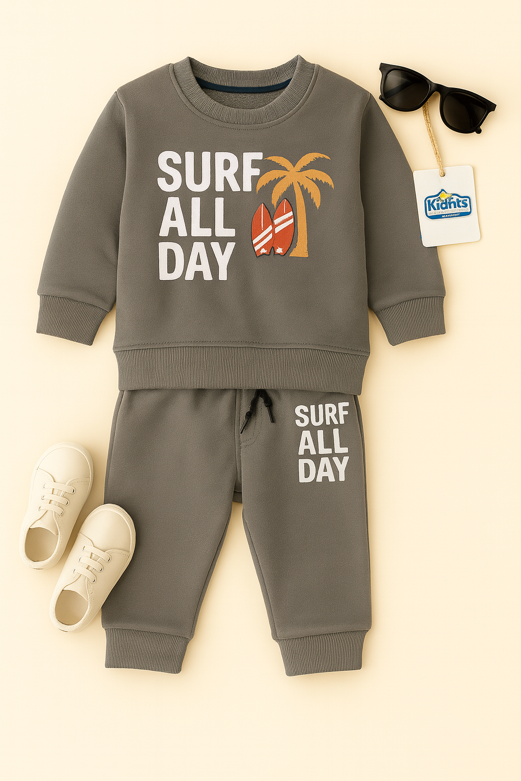Kidfits “Surf All Day” Fleece Tracksuit – Taupe Grey