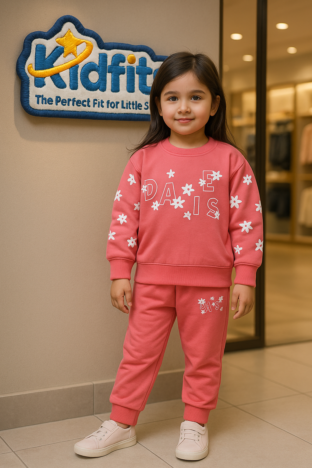 Kidfits “Daisy Bloom” Fleece Tracksuit – Coral Pink