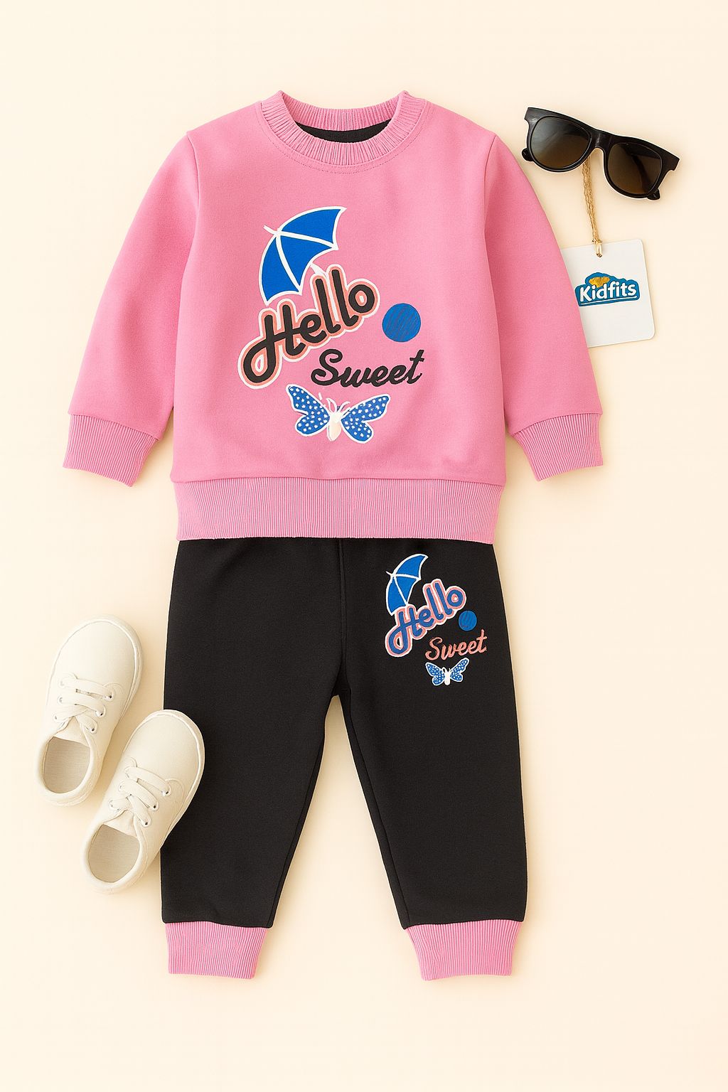 Kidfits “Hello Sweet” Fleece Tracksuit – Rose Pink and Black