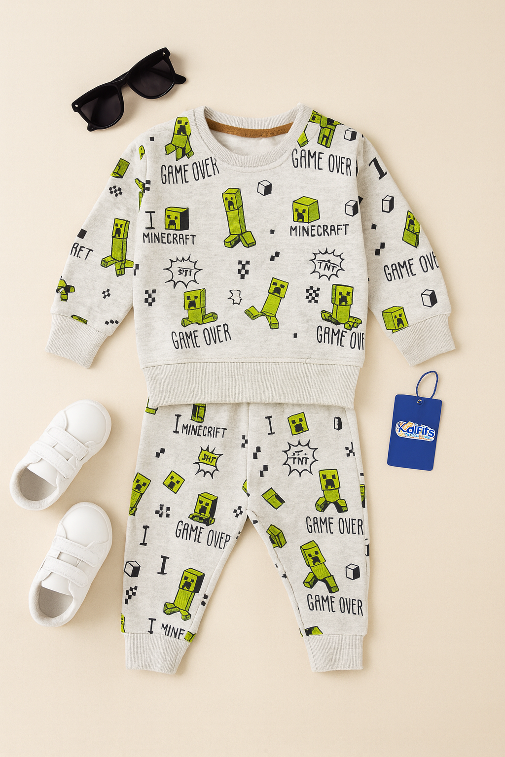 Kidfits “Game Over” Fleece Tracksuit – Minecraft Edition (Light Grey)