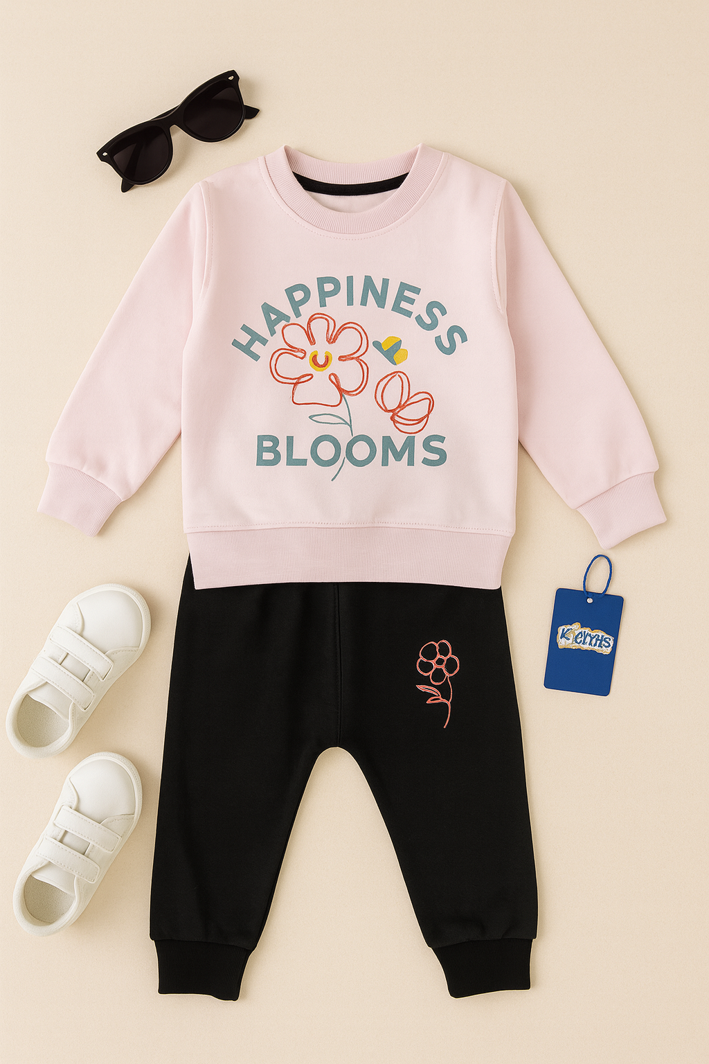 Kidfits “Happiness Blooms” Fleece Tracksuit – Pink &amp; Black