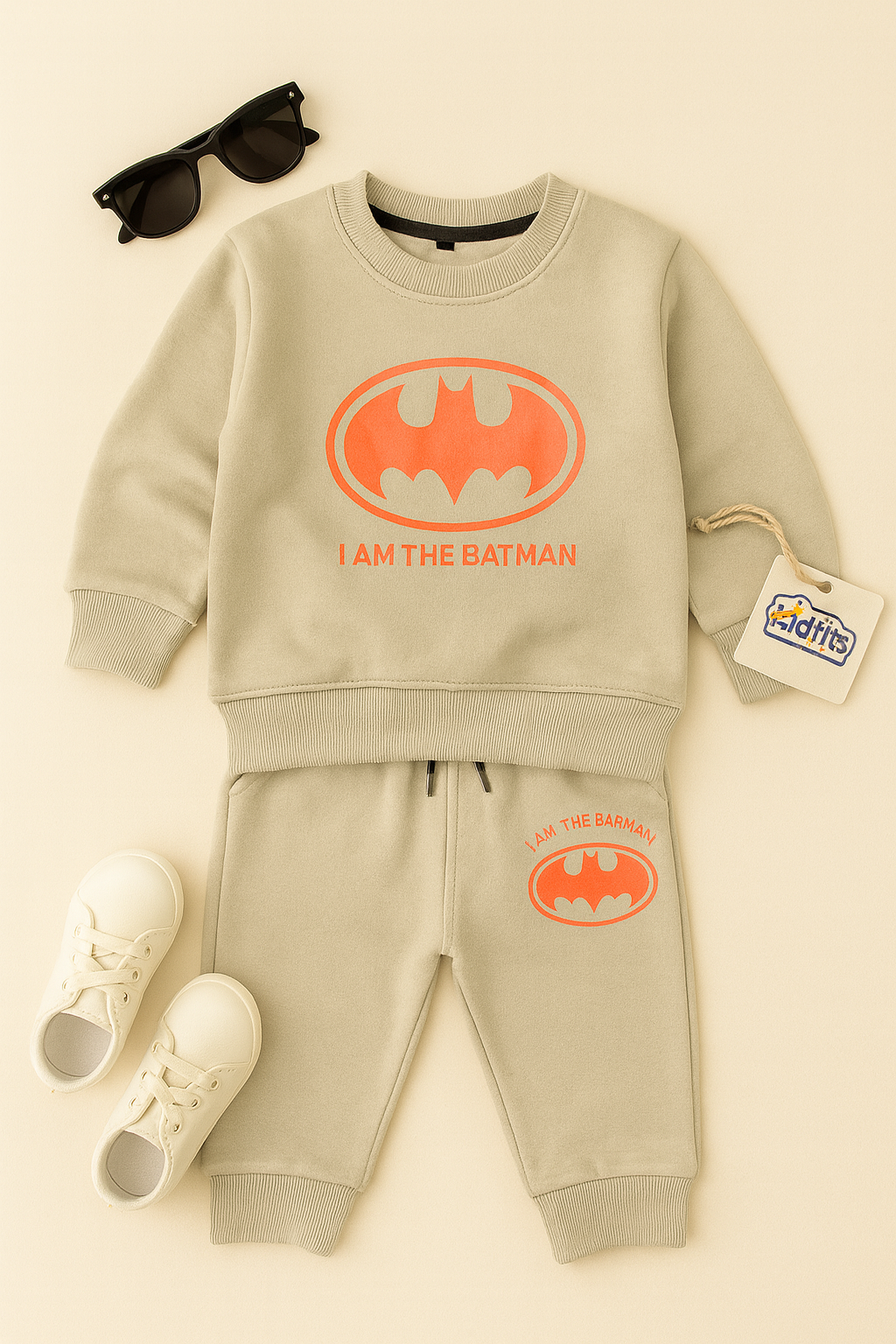 Kidfits “I Am The Batman” Fleece Tracksuit – Cream Beige