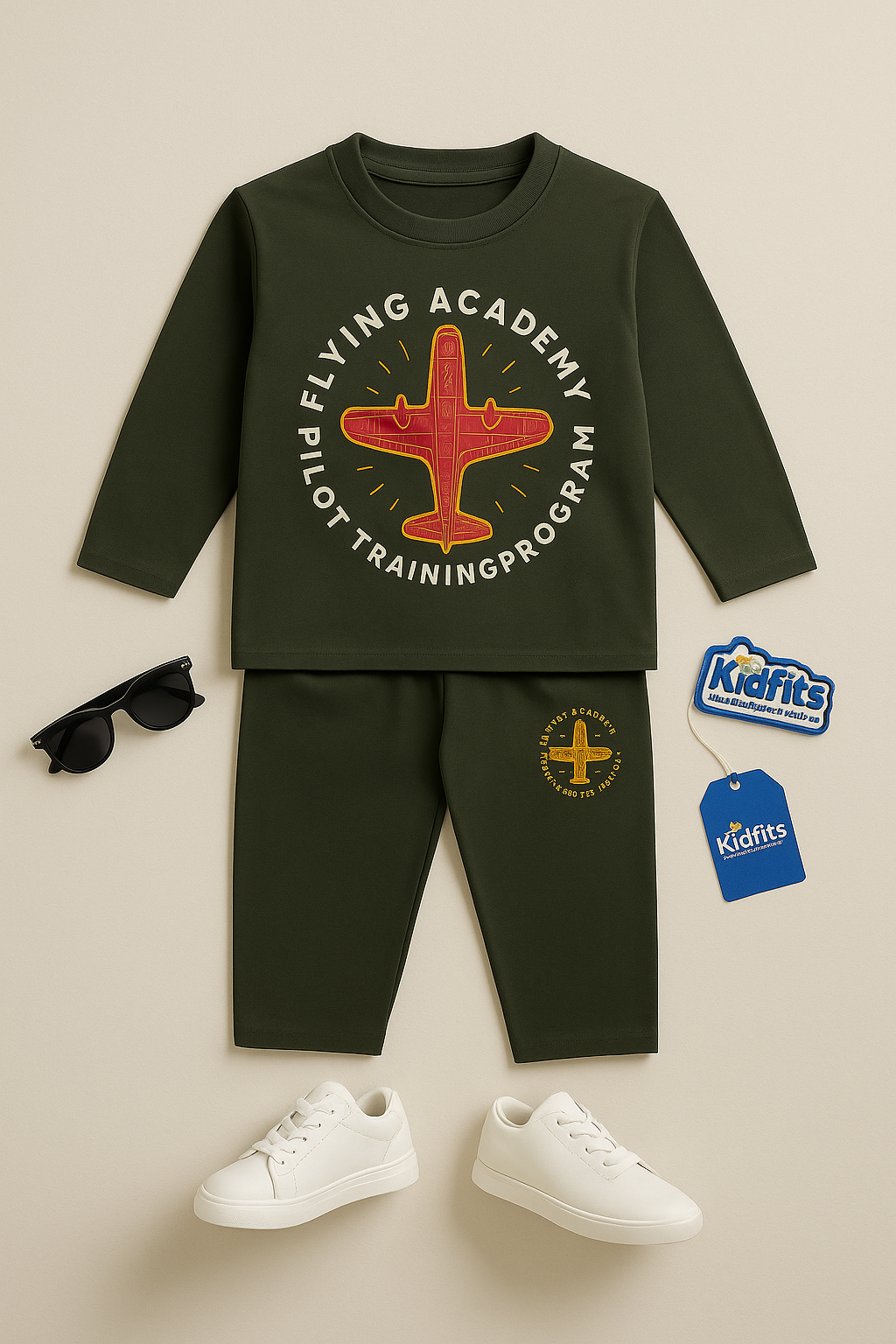 Kidfits “Flying Academy” Cotton Tracksuit – Army Green