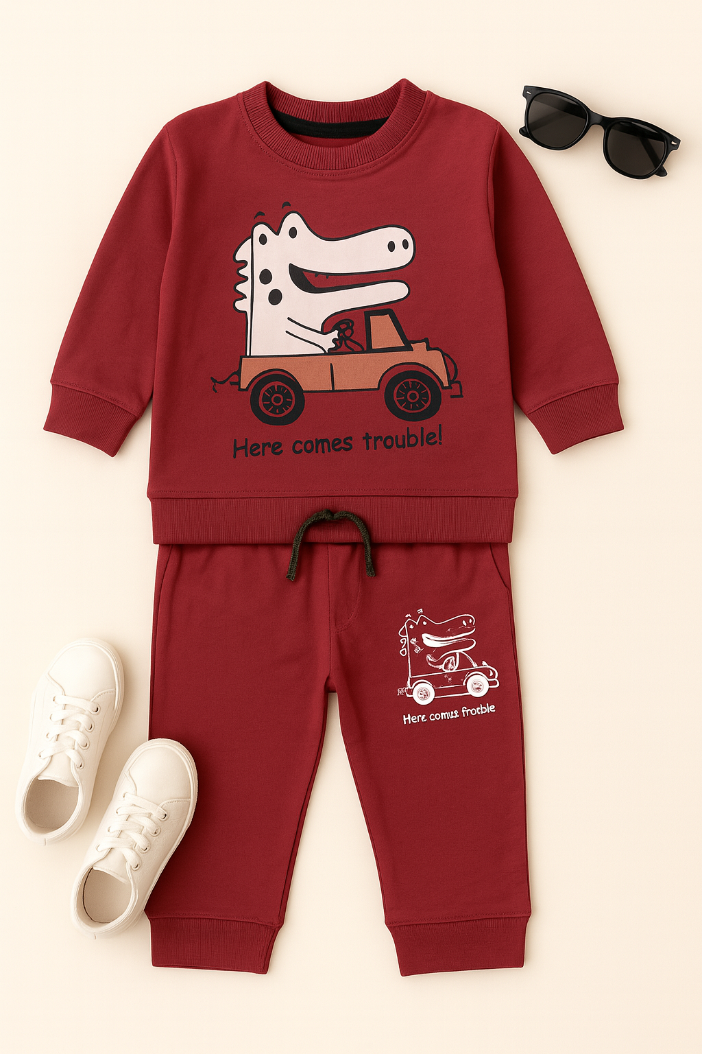 Kidfits Dino Drive Cotton Tracksuit – Maroon Red