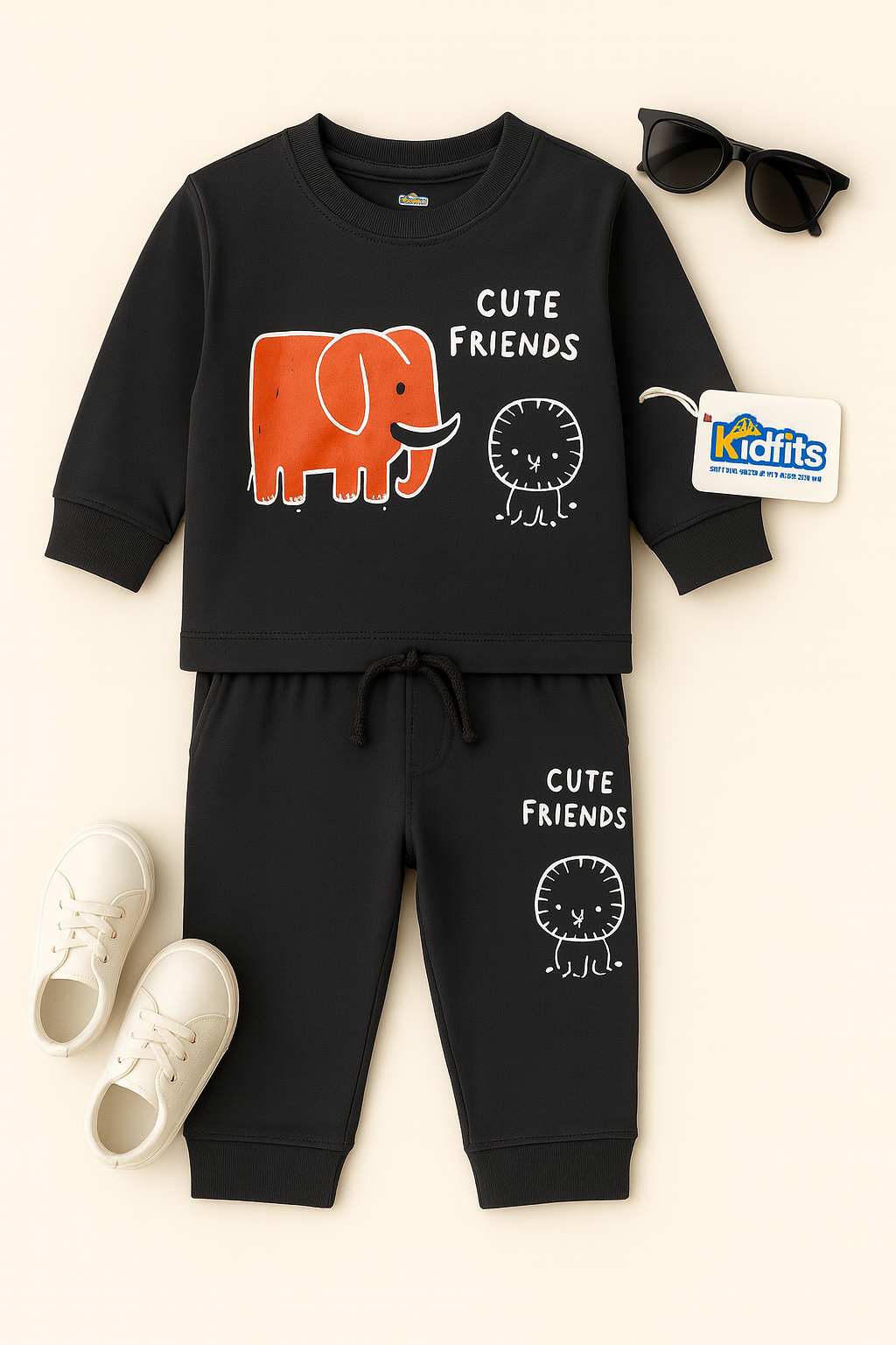 Kidfits Cute Friends Cotton Tracksuit – Charcoal Black