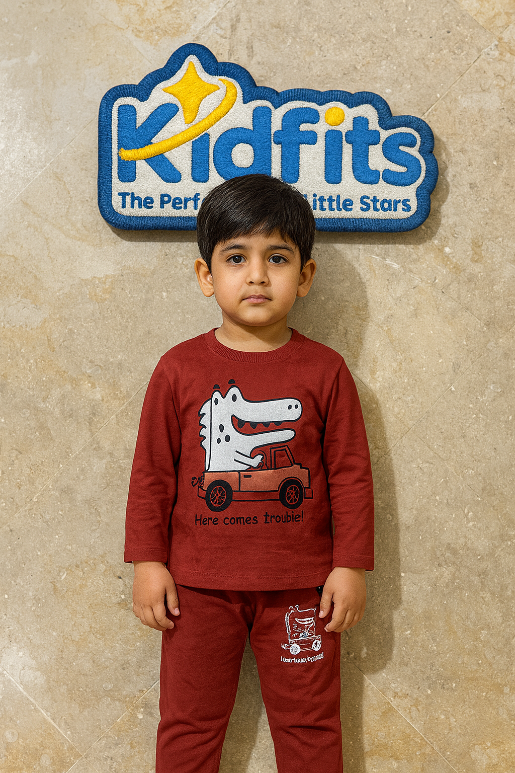 Kidfits Dino Drive Cotton Tracksuit – Maroon Red