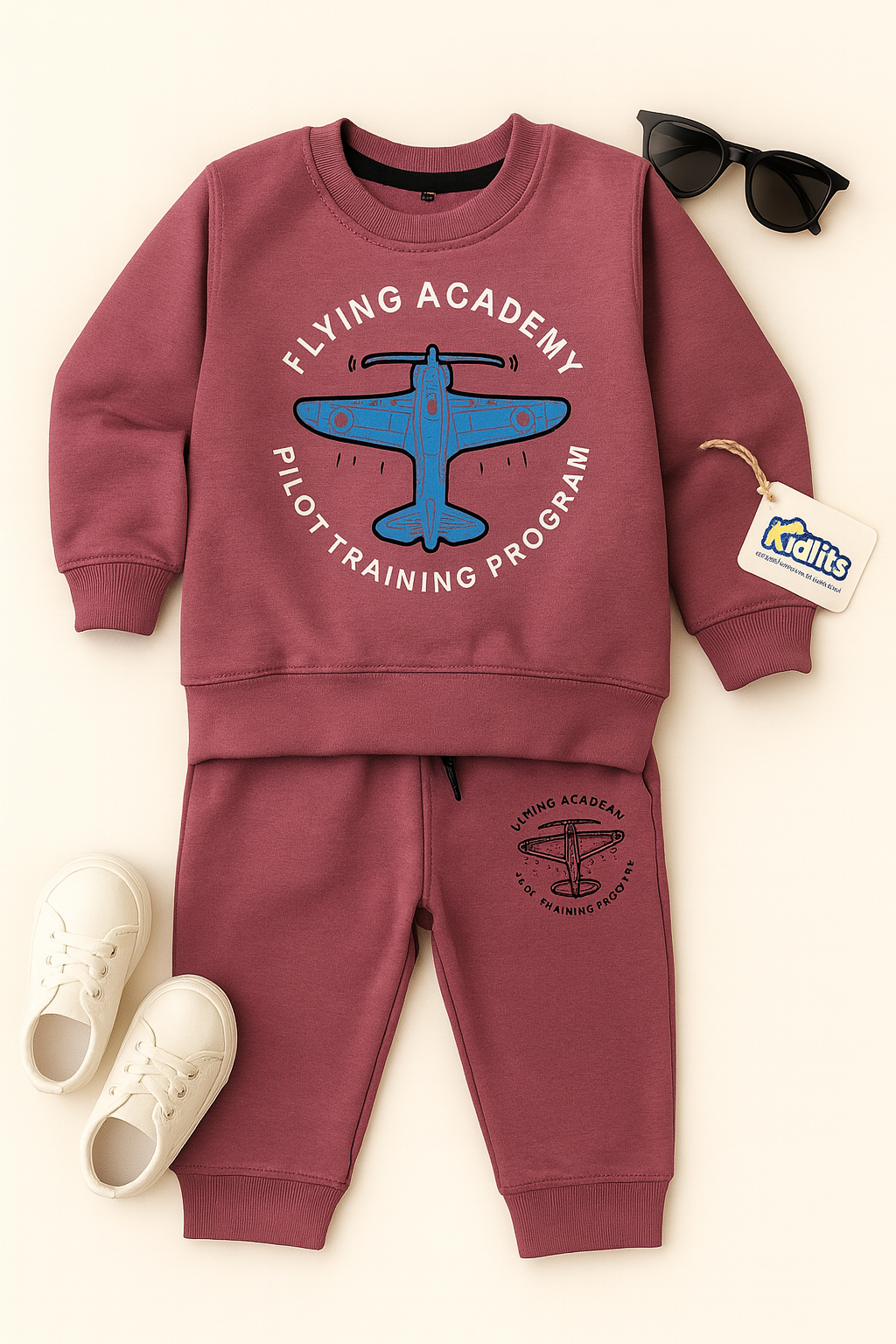Kidfits “Flying Academy” Fleece Tracksuit (Maroon Red)