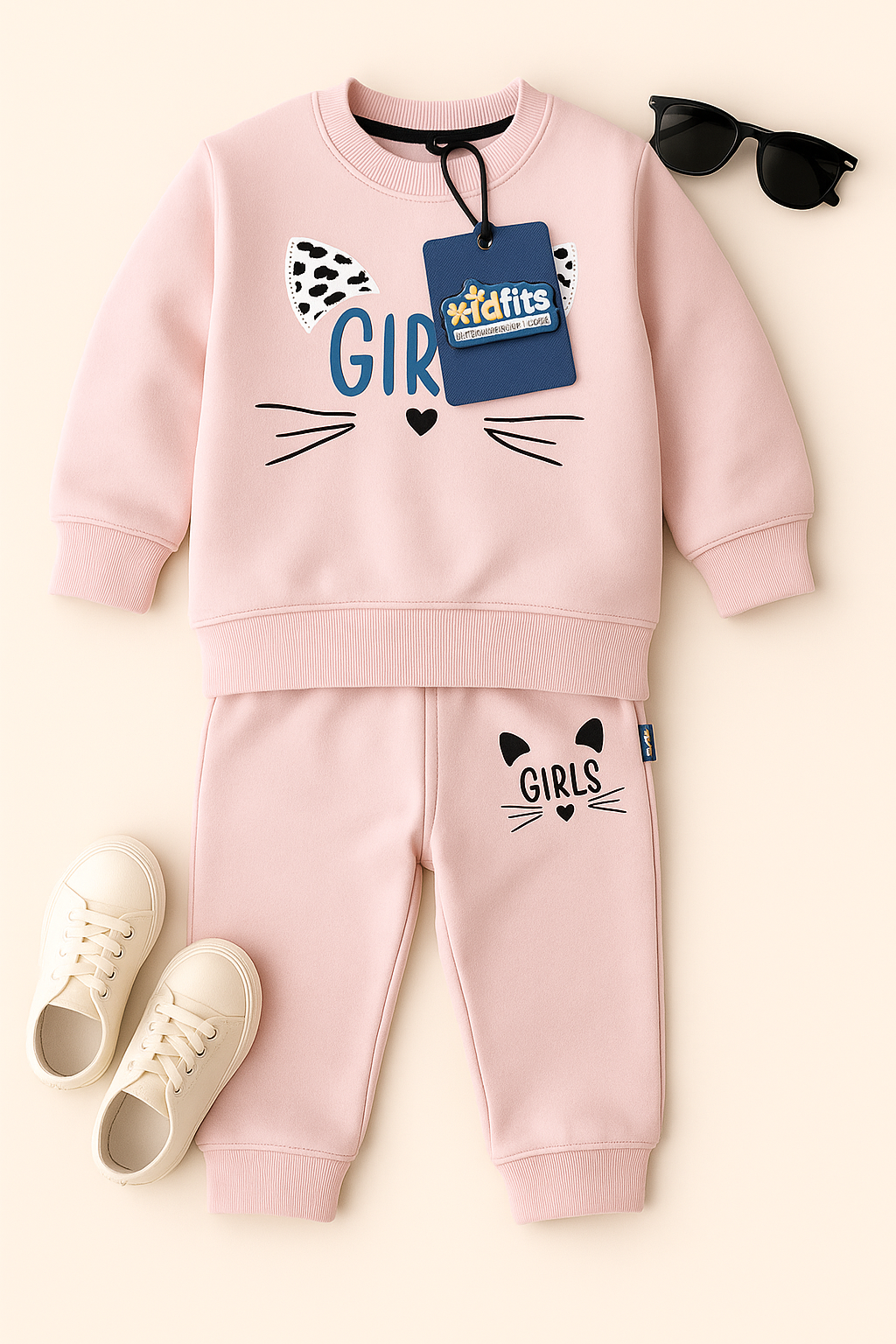 Kidfits “Cute Girls Cat” Fleece Tracksuit (Soft Pink)