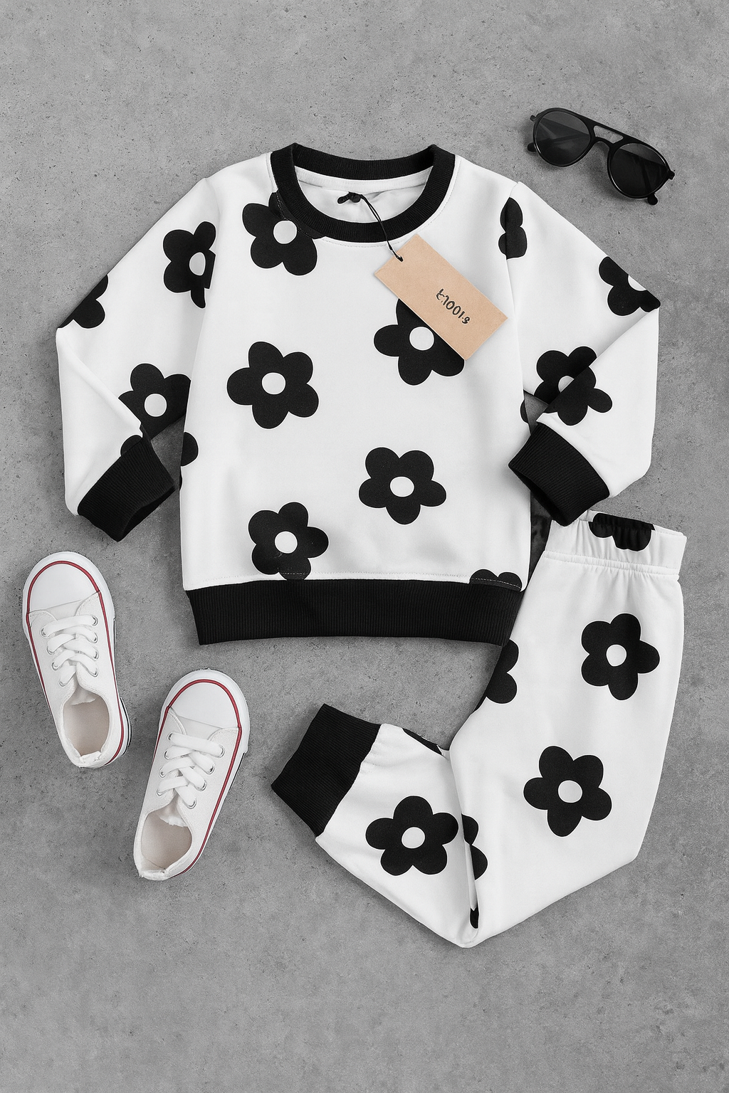Kidfits “Bold Flower” Fleece Tracksuit (Black & White)