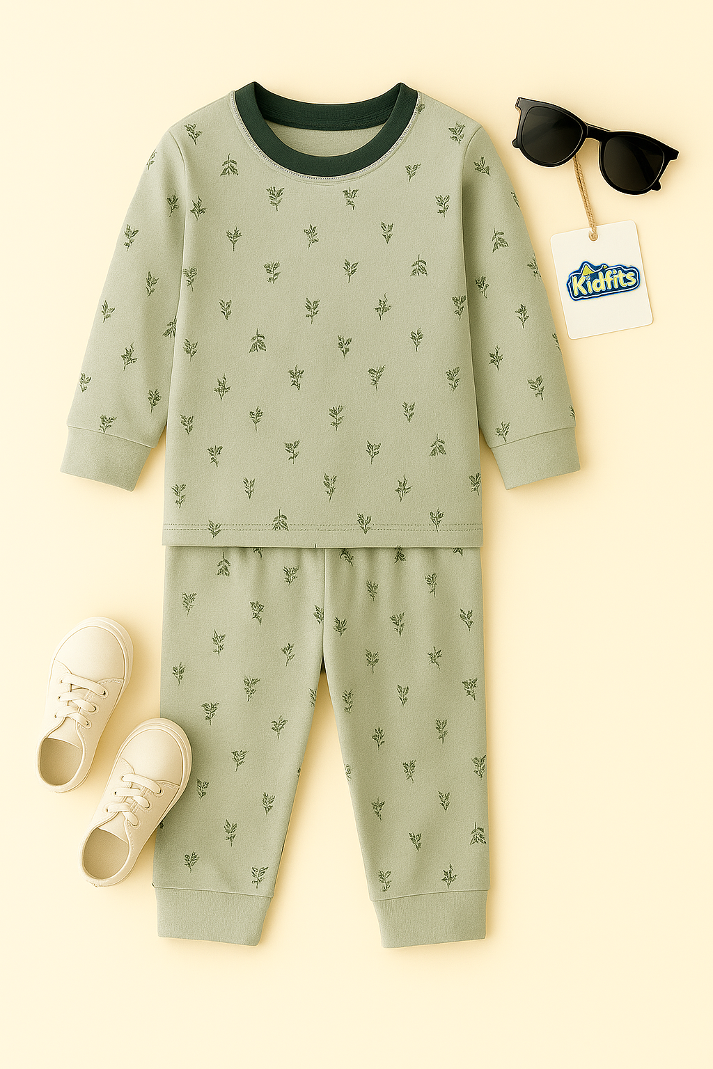 Kidfits Olive Leaf Cotton Nightsuit  – Light Green