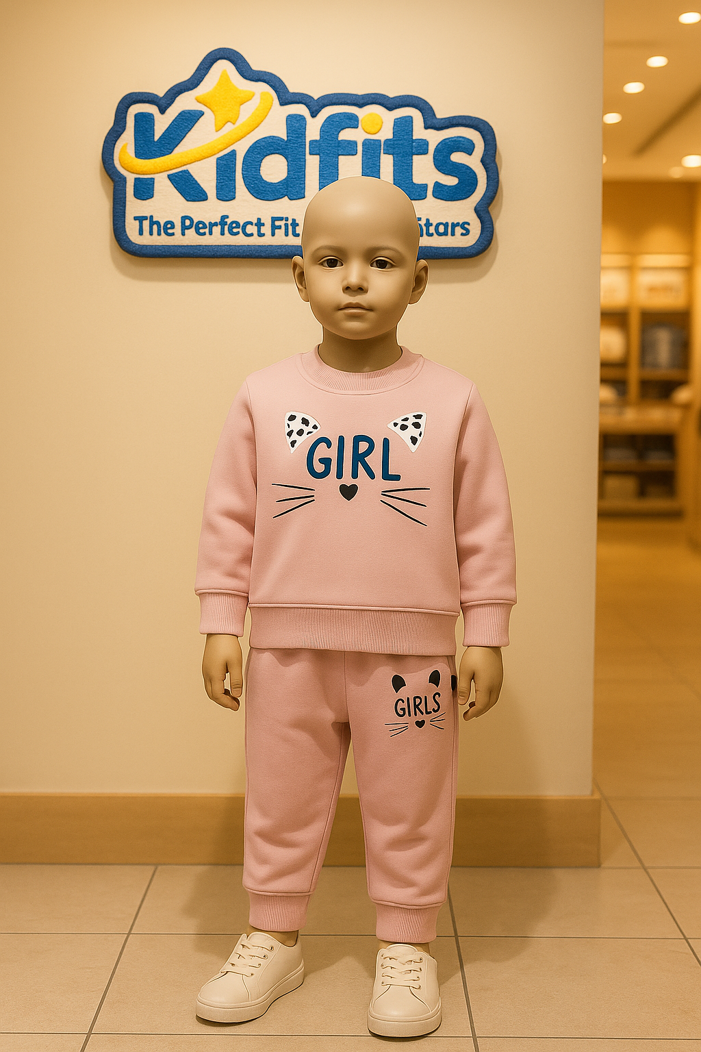 Kidfits “Cute Girls Cat” Fleece Tracksuit (Soft Pink)