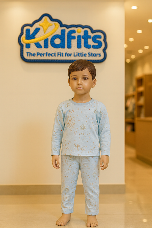 Kidfits Blue Blossom Cotton Nightsuit for Kids – Cream with Navy Trim