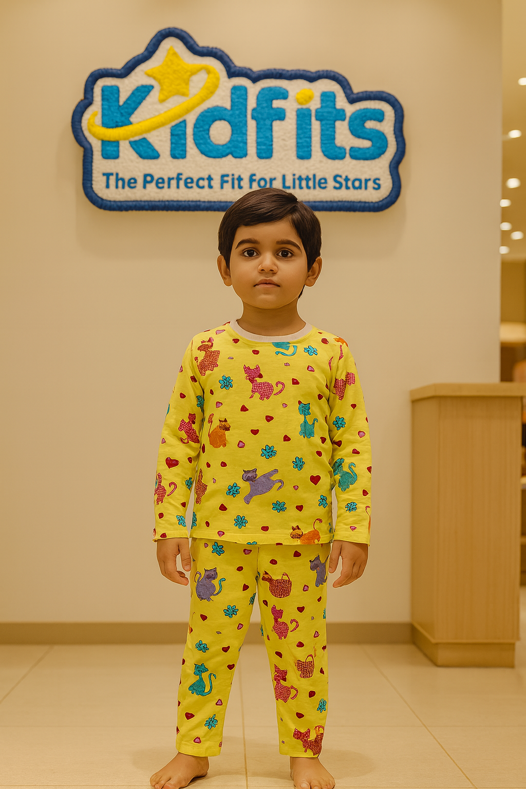 Kidfits Playful Cat Print Cotton Nightsuit for Kids – Yellow