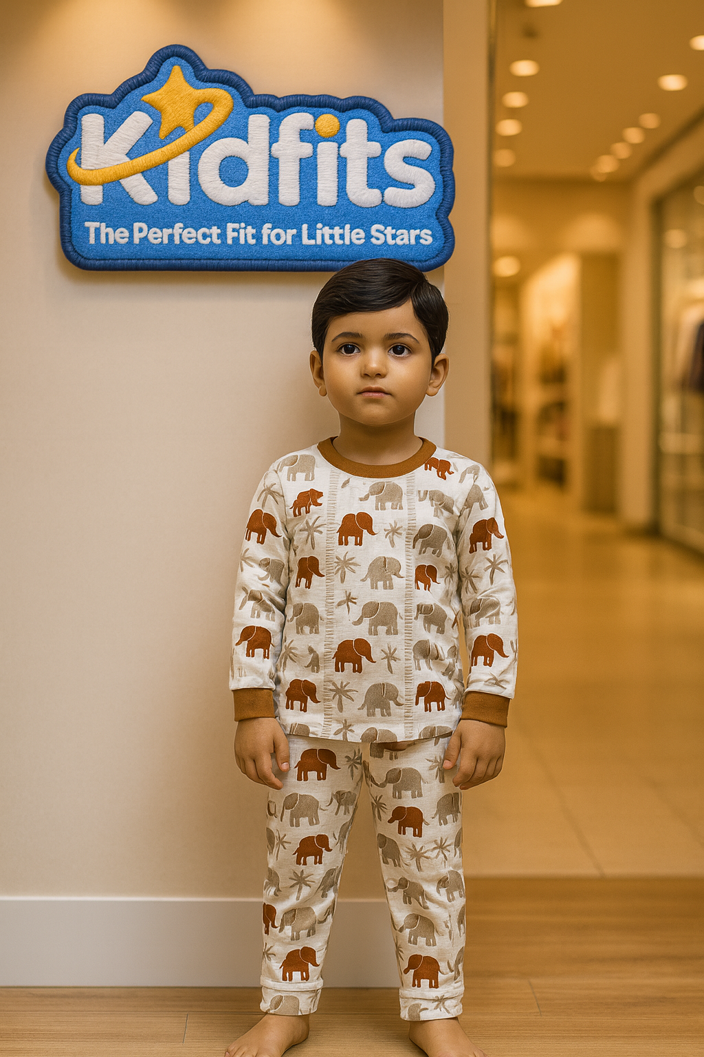 Kidfits Jungle Elephant Cotton Nightsuit for Kids – Cream & Brown