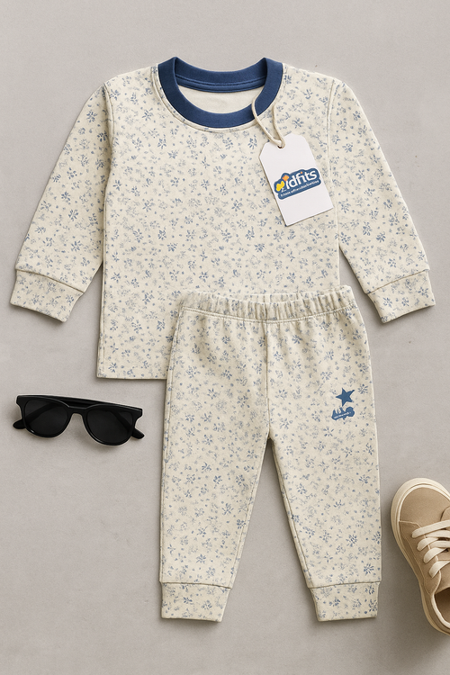 Kidfits Blue Blossom Cotton Nightsuit – Cream & Navy