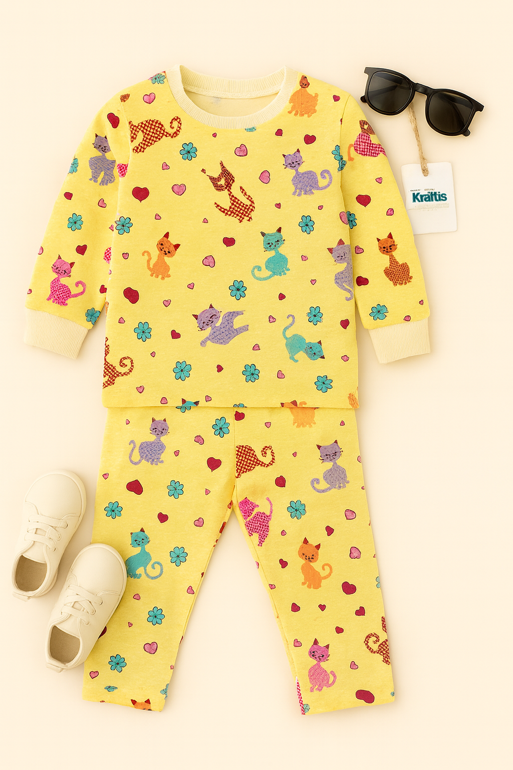 Kidfits Playful Cat Print Cotton Nightsuit for Kids – Yellow