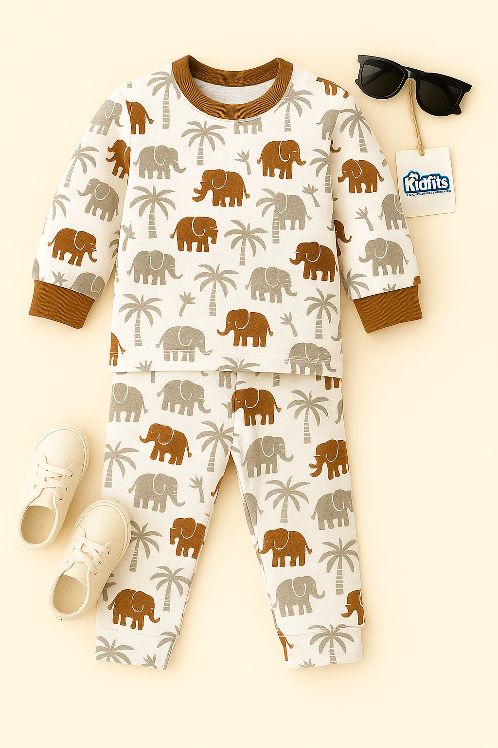 Kidfits Jungle Elephant Cotton Nightsuit for Kids – Cream & Brown