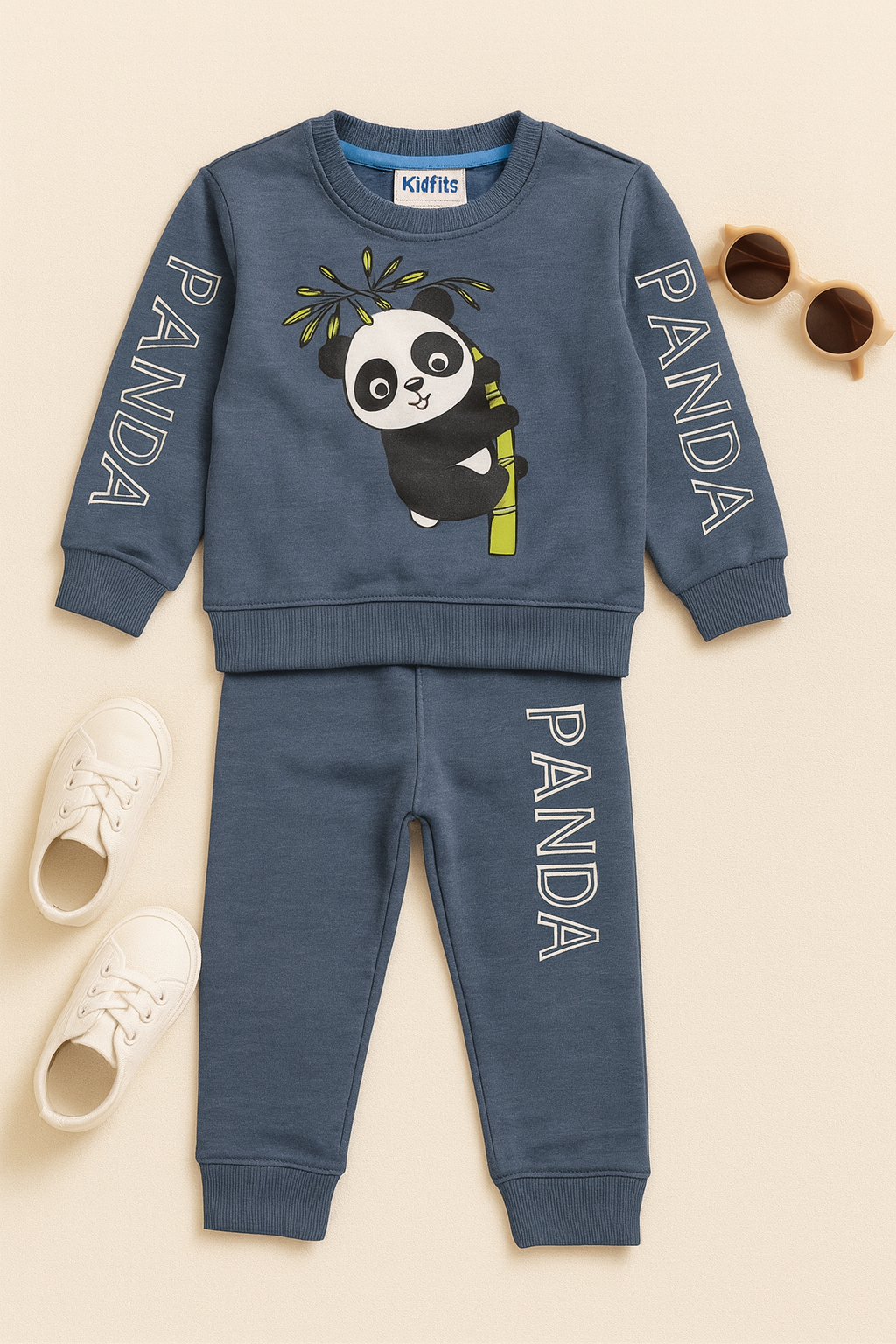 Kidfits “Cozy Panda Hug” Fleece Tracksuit – Charcoal Blue