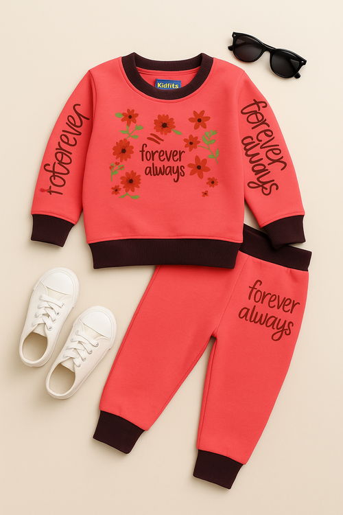"Forever Always” Floral Winter Fleece Tracksuit – Hot Pink & Deep Maroon