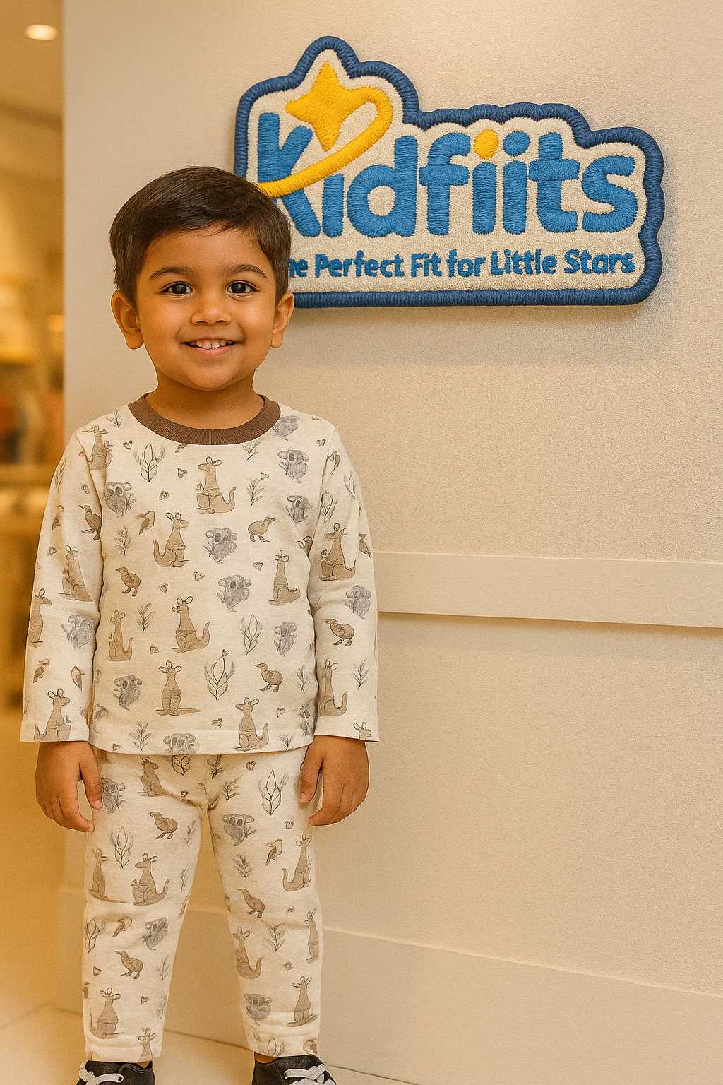 Kidfits “Koala &amp; Kangaroo” Cotton Night Suit – Pastel Beige