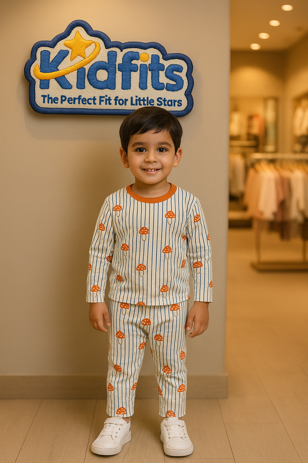 Kidfits “Mushroom Forest” Cotton Night Suit – Cream &amp; Orange