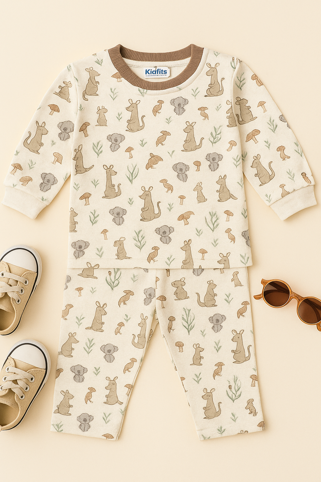 Kidfits “Koala &amp; Kangaroo” Cotton Night Suit – Pastel Beige