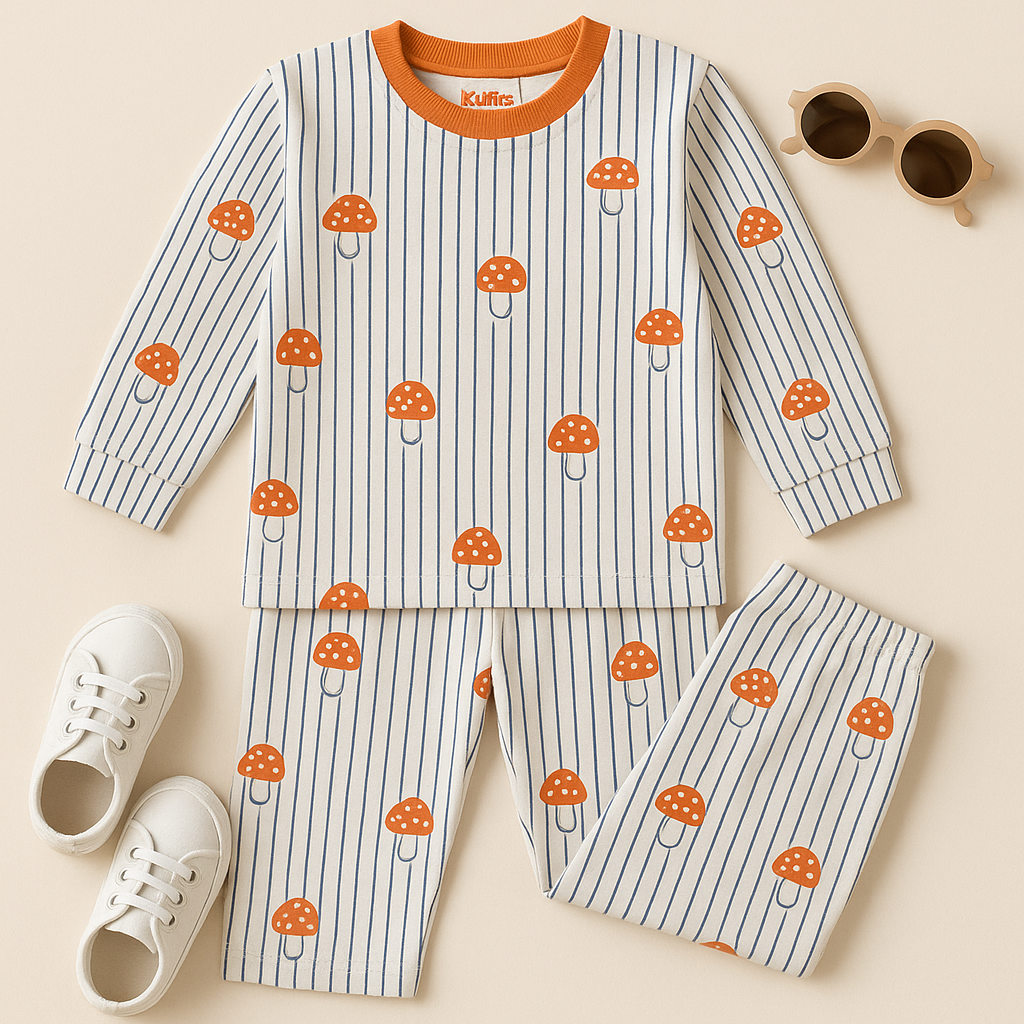 Kidfits “Mushroom Forest” Cotton Night Suit – Cream &amp; Orange