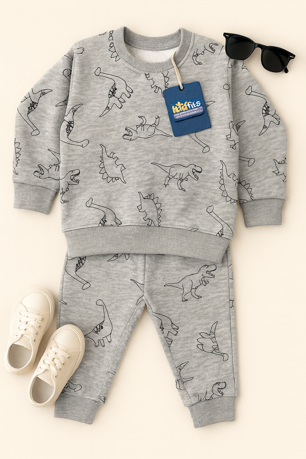 Kidfits “Dino World” Fleece Tracksuit (Heather Grey)