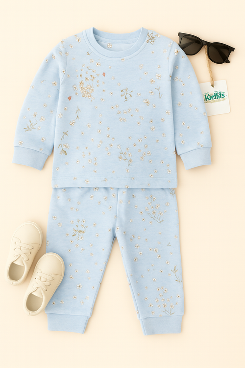 Kidfits Blue Blossom Cotton Nightsuit for Kids – Cream with Navy Trim