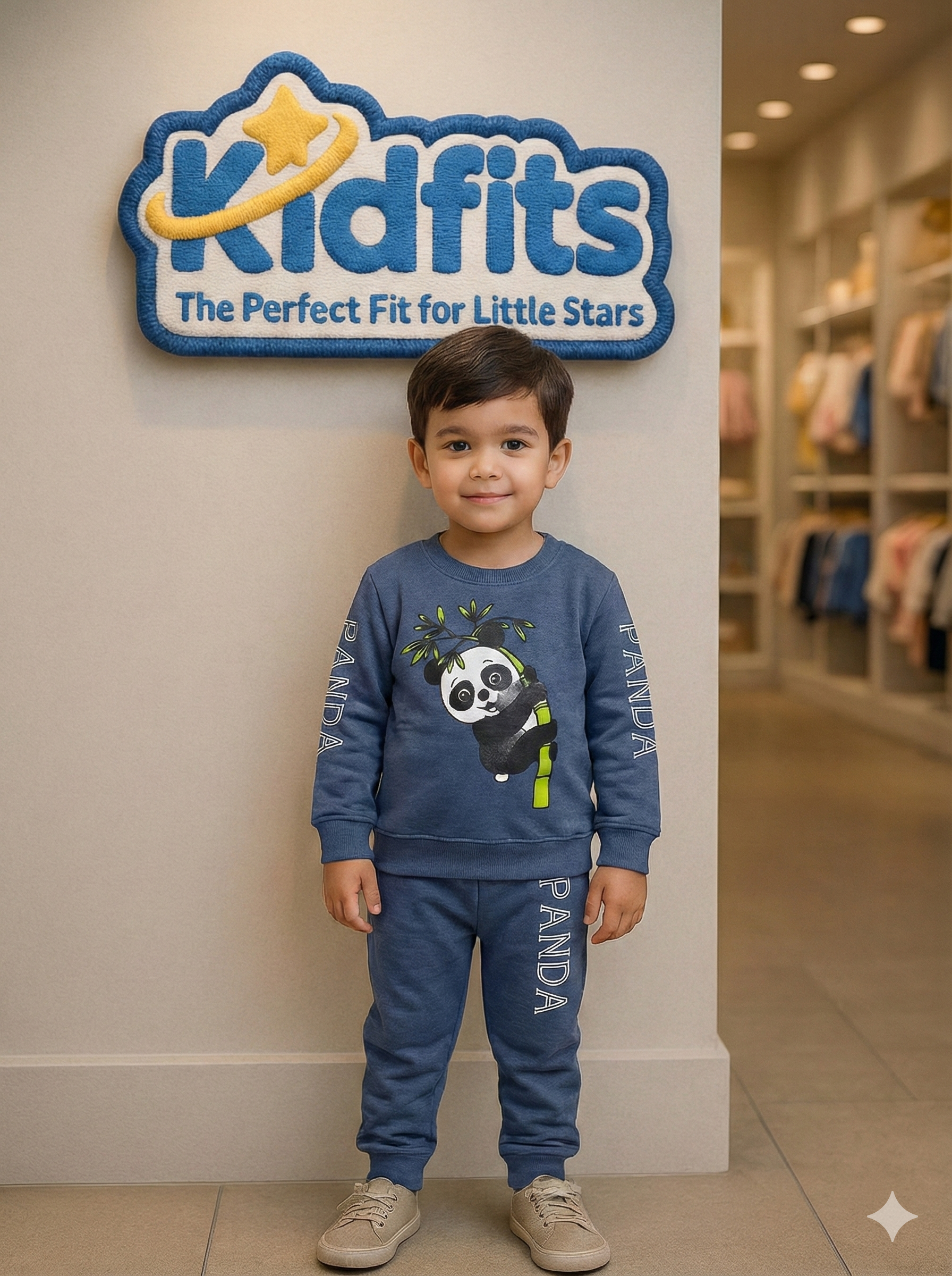 Kidfits “Cozy Panda Hug” Fleece Tracksuit – Charcoal Blue