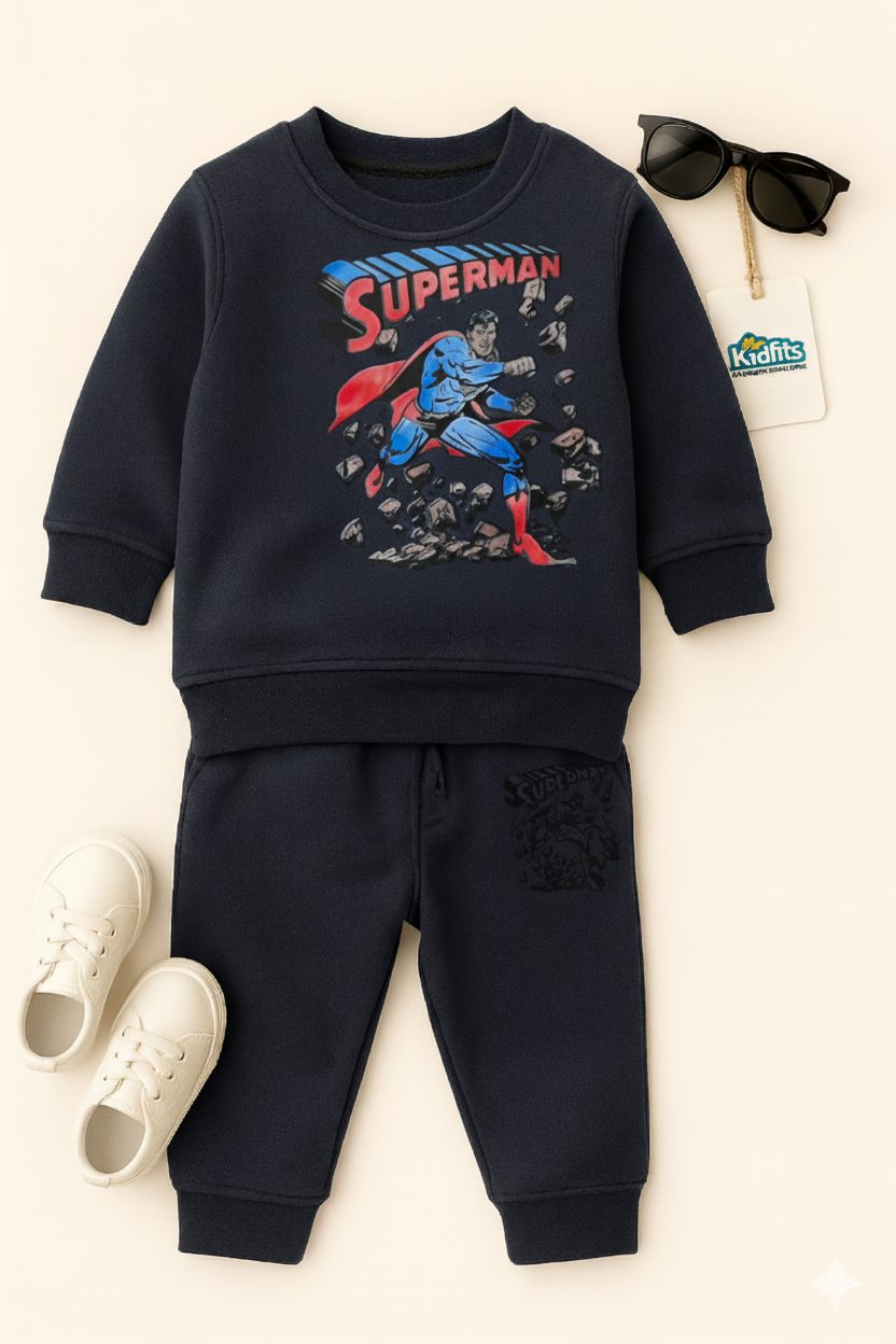 Kidfits “Superman Power” Fleece Tracksuit (Dark Navy)