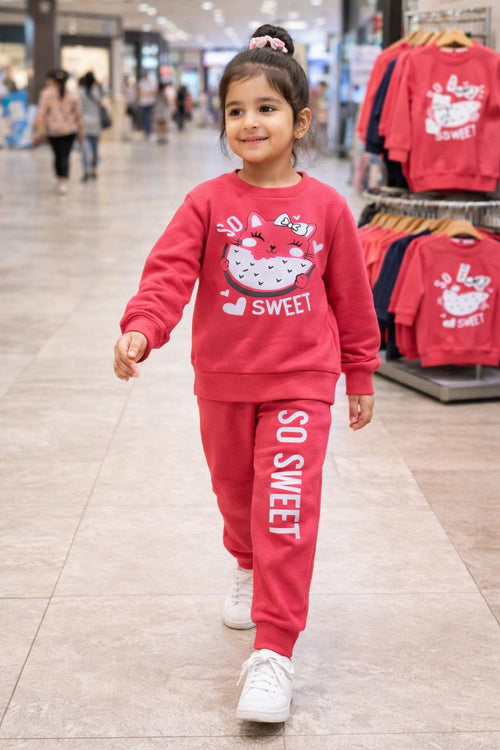 Cute Cat Print Girls Winter Tracksuit – Cozy Fleece Set
