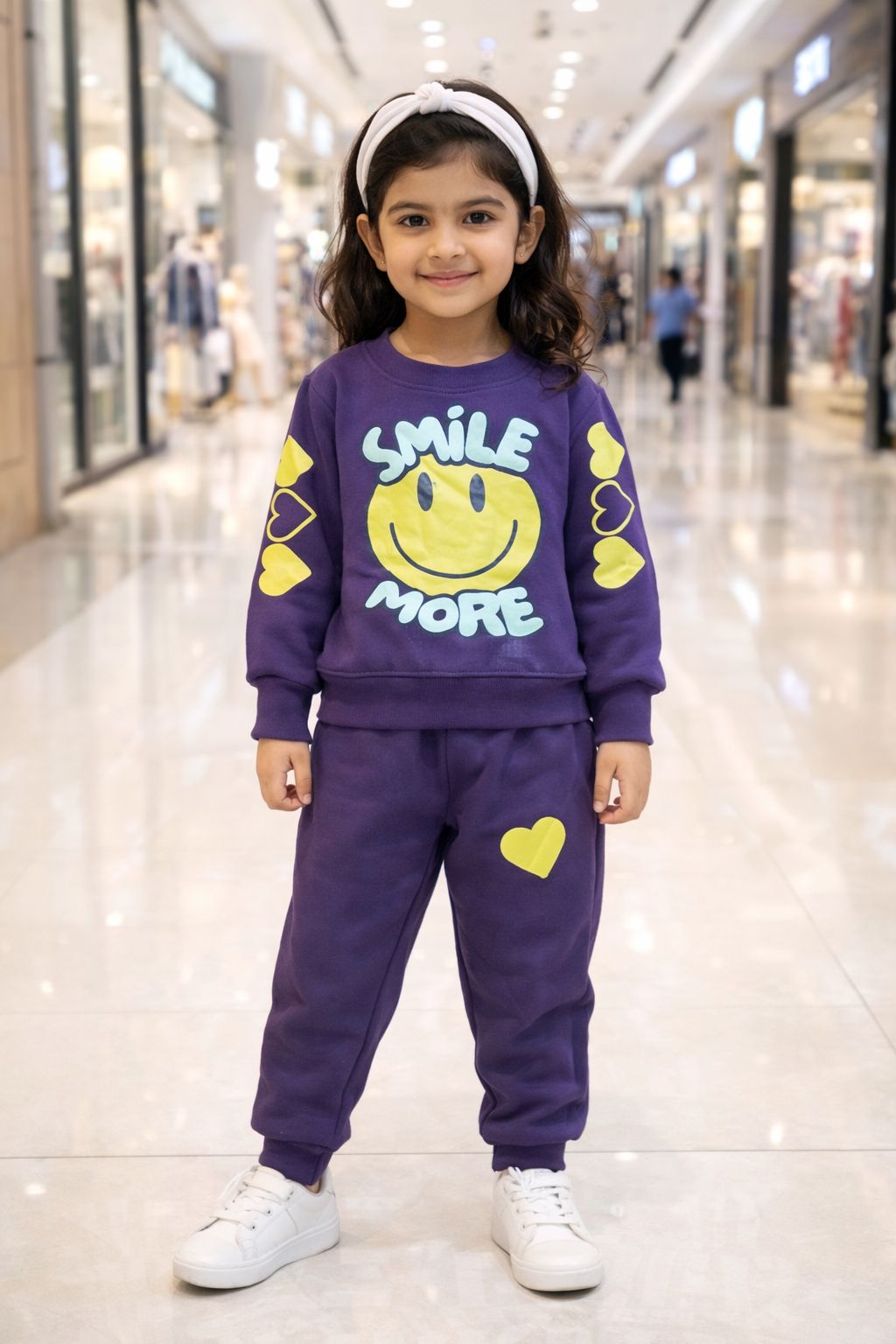 Smile Face Print Girls Winter Tracksuit – Cozy Fleece Set