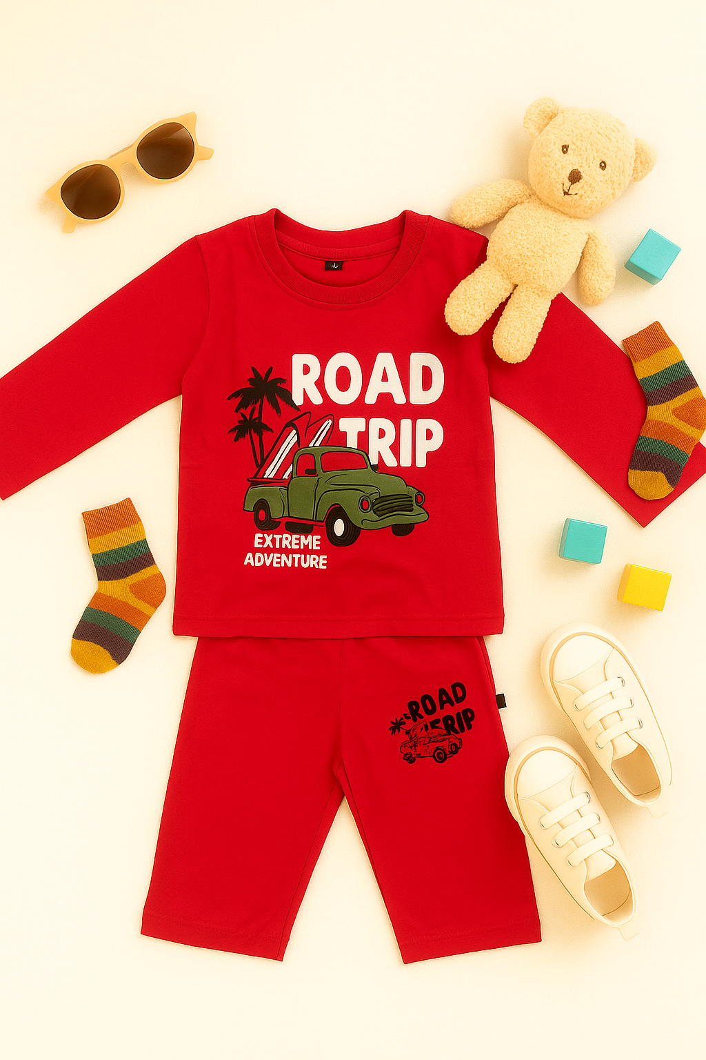 Kidfits “Road Trip” Cotton Tracksuit – Adventure Red