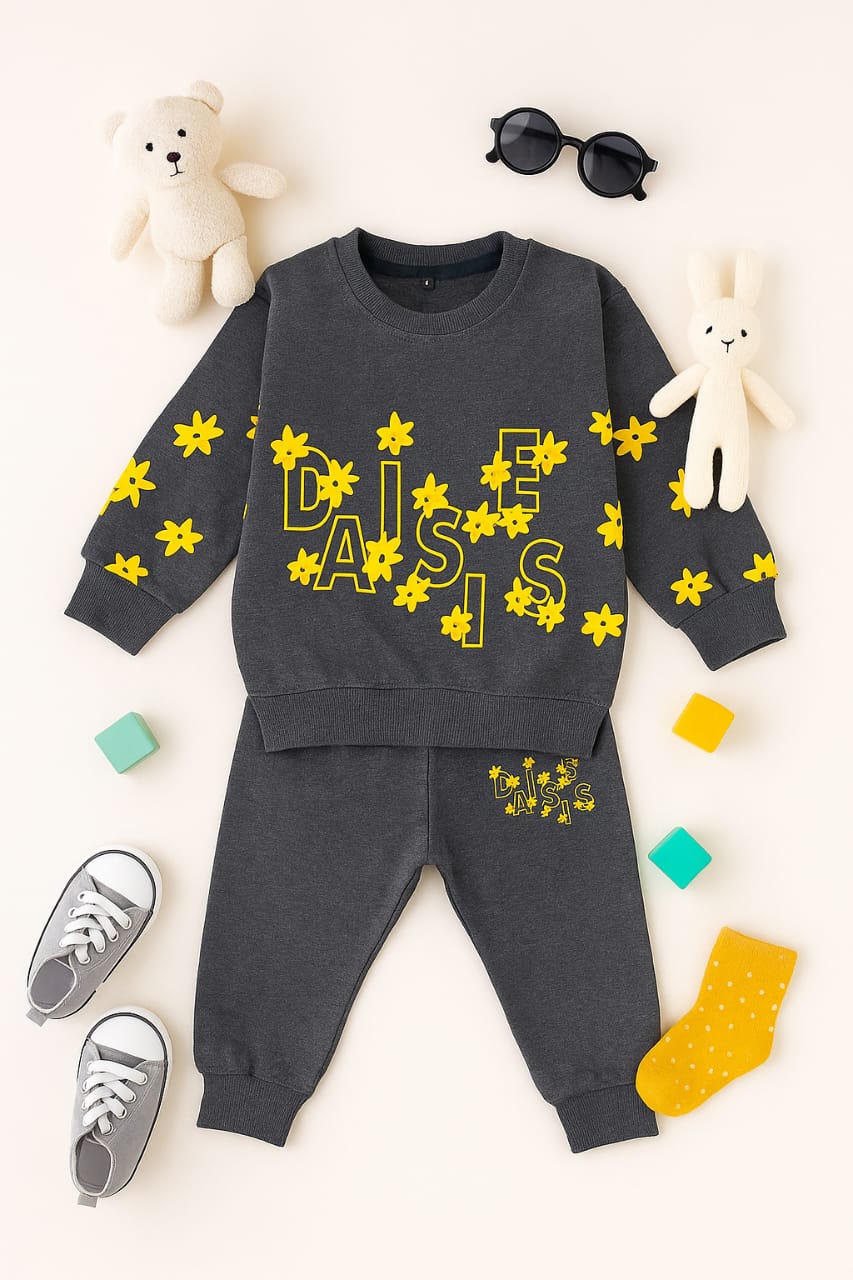 Kidfits “Daisies” Winter Fleece Tracksuit – Charcoal Grey & Yellow
